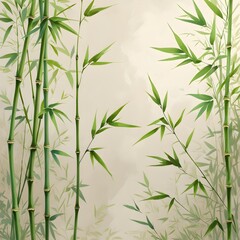 Green Bamboo Stalks With Leaves on Neutral Background, Vibrant Nature Illustration