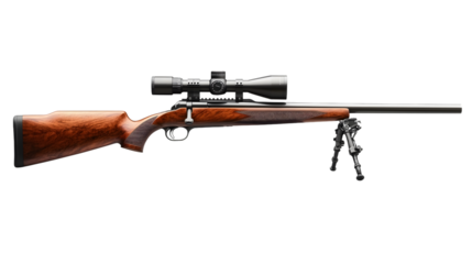 A sniper rifle with a telescopic sight. A carbine with a wooden stock. Weapons for hunting and sports isolate on a white background. AI Generated Images
