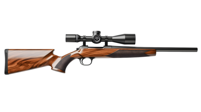 A sniper rifle with a telescopic sight. A carbine with a wooden stock. Weapons for hunting and sports isolate on a white background. AI Generated Images