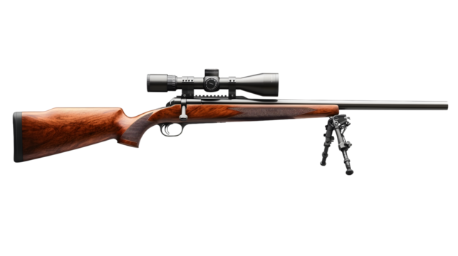 A sniper rifle with a telescopic sight. A carbine with a wooden stock. Weapons for hunting and sports isolate on a white background. AI Generated Images