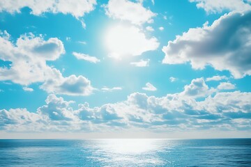 Obraz premium Serene ocean view under a bright sunny sky with fluffy white clouds peaceful summer seascape bright blue tranquil scene