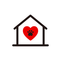 Paw print heart home icon. Animal love, day care, shelter, veterinary concept. Outline vector design isolated illustration.