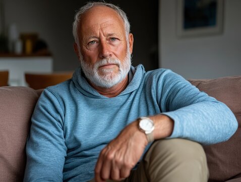 Serious senior man in living room, daytime contemplation - Powered by Adobe