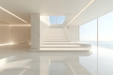 Obraz premium Bright light floods a modern minimalist interior featuring a spacious white staircase