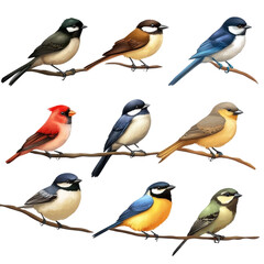 Fototapeta premium Collection of birds from different species perched isolated on white background