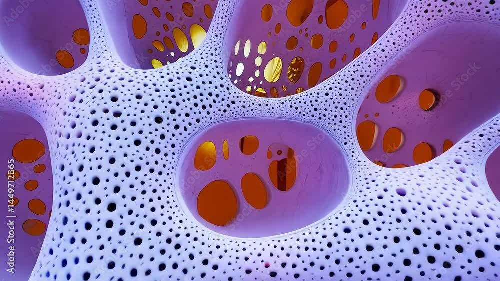 Poster a very abstract and colorful image of a purple object with many small holes