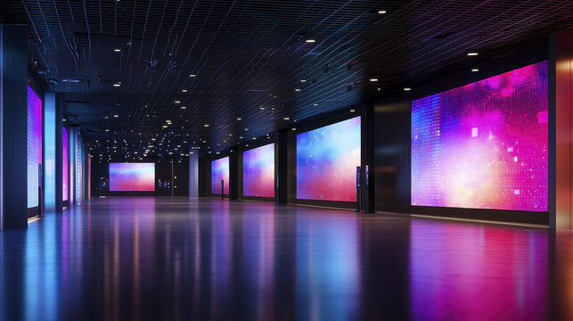 modern exhibition hall featuring vibrant digital screens displaying colorful abstract visuals. sleek design creates inviting atmosphere