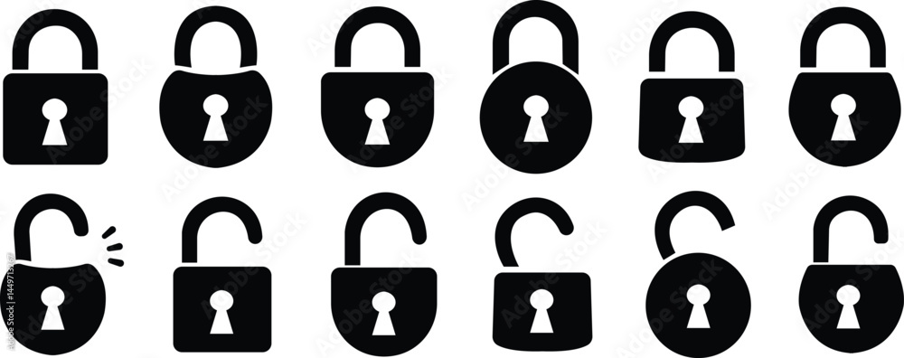Poster lock black flat icon set . lock and unlock vectors. security and privacy symbol. concept password an