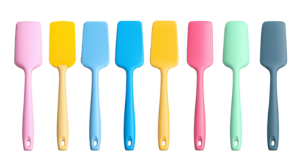Vibrant collection of colorful spatulas isolated on white transparent background