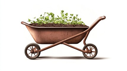 Rustic garden cart filled with soil and young plants