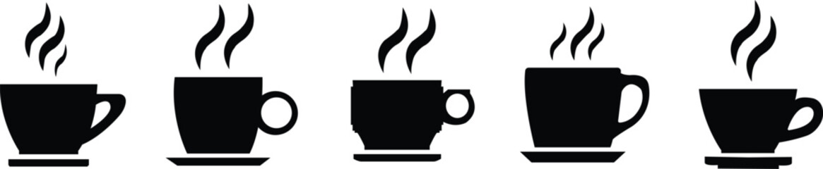 Tea and coffee cup icons set in black flat styles. Strong coffee in espresso cup and smoke vectors Illustration isolated on transparent background. Drink, glass, water, kitchen and restaurant concept.