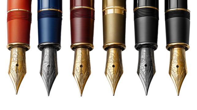 six fountain pens isolated on white transparent background