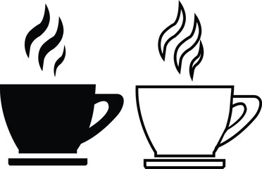 Tea and coffee cup icon set black flat, outline style. Strong coffee in espresso cup and smoke vector Illustration isolated on transparent background. Drink, glass, water, kitchen, restaurant concept.