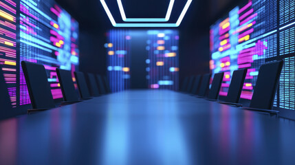 modern conference room with sleek design, featuring long table and high tech digital displays illuminating walls. vibrant colors create dynamic