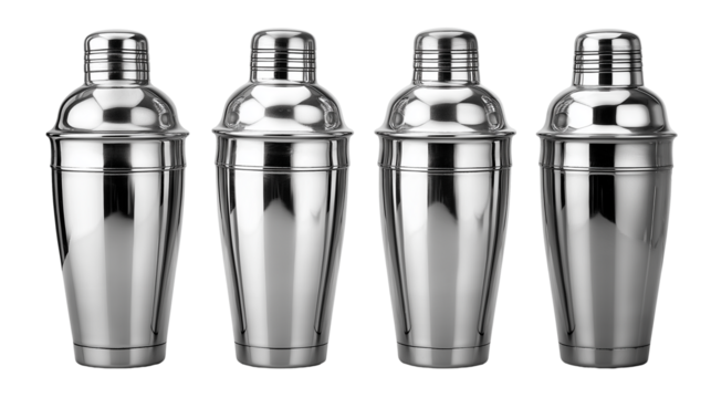 Four stainless steel cocktail shakers isolated on white transparent background