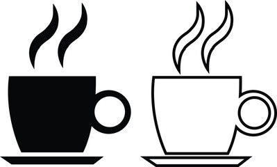 Tea and coffee cup icon set black flat, outline style. Strong coffee in espresso cup and smoke vector Illustration isolated on transparent background. Drink, glass, water, kitchen, restaurant concept.