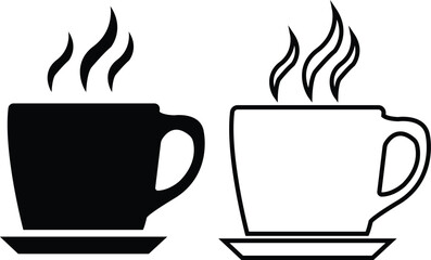 Tea and coffee cup icon set black flat, outline style. Strong coffee in espresso cup and smoke vector Illustration isolated on transparent background. Drink, glass, water, kitchen, restaurant concept.