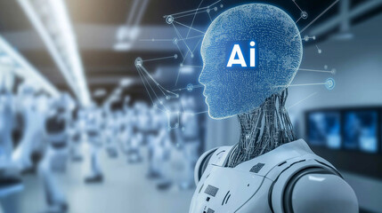 Artificial Intelligence Robot Analyzing Data on Digital Screen