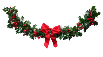 Christmas tree border with green fir branches, red bow, berries and gold lights isolated on transparent background. Pine, xmas evergreen plants frame. Vector string garland decor.  Ai Generated Images