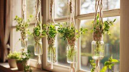 Fototapeta premium Hanging Glass Jar Planters with Green Cuttings in Macrame Holders by Bright Window Light