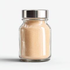 Glass jar filled with beige powder against a clean white backdrop image