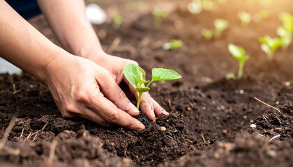hands planting seedlings into rich, dark soil
