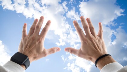 Hands and the sky stretching towards the surreal sky like a dream