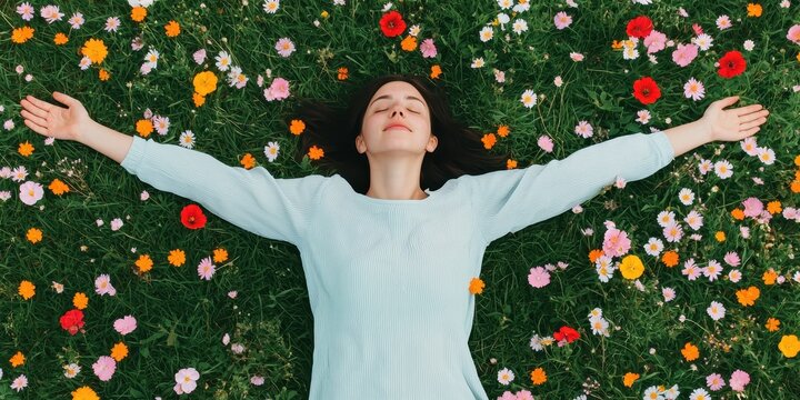 National relaxation day with calm and nature idea. Woman relaxing among colorful flowers in a meadow.