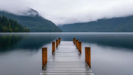 Naklejka premium National relaxation day with calm and nature idea. Serene wooden pier extending into a calm lake.