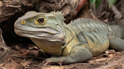 Obraz premium Intriguing Close-Up of a Green and Yellow-Eyed Water Dragon Lizard