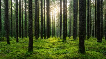 Obraz premium National relaxation day with calm and nature idea. Dense forest with tall trees and soft green undergrowth.