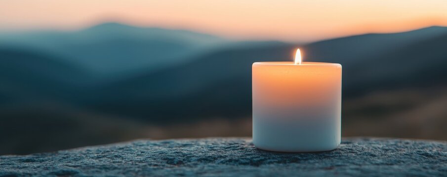 National relaxation day with calm and nature idea. A lit candle on a stone against a scenic backdrop.