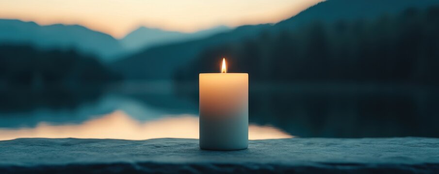 National relaxation day with calm and nature idea. Candle glowing by a tranquil lakeside at sunset.