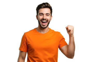 Young man in an orange t-shirt cheering with a clenched fist and wide smile, mouth open. Studio shot on a plain white background, showcasing his excitement and triumph.