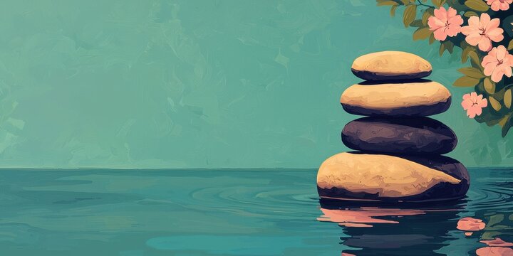 National relaxation day with calm and nature idea. Balanced stones by tranquil water with blossoms nearby.