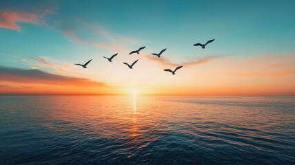 National relaxation day with calm and nature idea. Serene sunset over water with birds in flight.