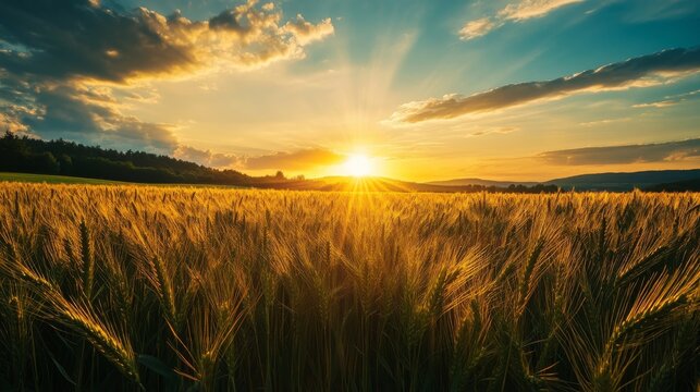 Golden wheat field at sunset with a dramatic sky