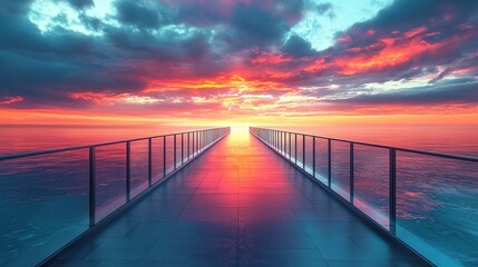 Obraz premium Dramatic sunset over a pathway to the horizon. Glass railing, modern walkway, vibrant colors