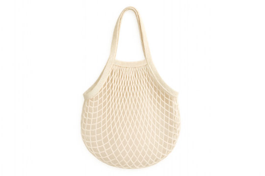 Eco friendly reusable mesh net bag with cotton material and transparent background ideal for zero waste shopping sustainable branding product presentation or packaging design concepts