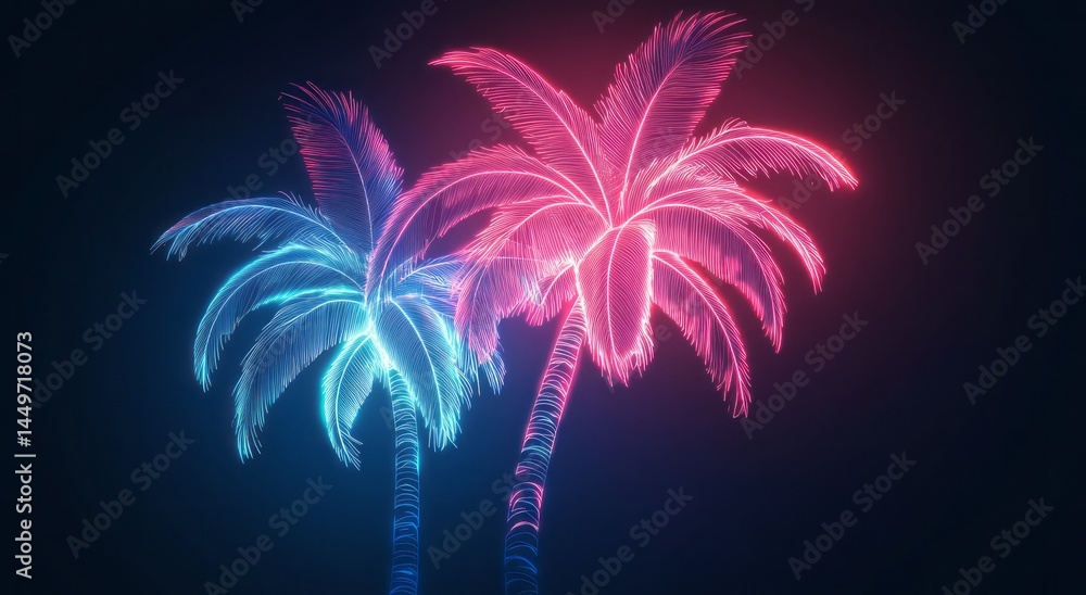 Aufkleber neon palm trees glowing in the dark for summer vibes and retro style