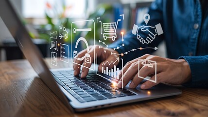Businessman Using Laptop For Ecommerce And Digital Marketing Strategy Analysis Showing Online Shopping Data Analytics With Icons Representing Business Growth And Partnership On Wooden Table