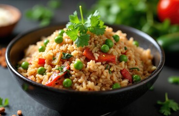 Close-up shot of rice with green peas, red bell pepper, herbs in black bowl. Dish served on dark stone table, ingredients in soft focus background. Healthy food concept.