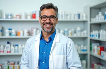 Happy man pharmacist wearing blue shirt white coat smiling. Shelves medicines in pharmacy background. Pro medical worker in drugstore. Health care, medicine, pharmaceutics concept.