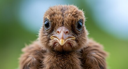 ai image shows an incredibly detailed close-up portrait of a small, fluffy brown baby bird staring intently into the camera lens