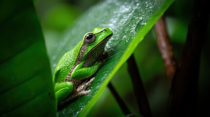 Obraz premium European Tree Frog on Dew-Kissed Leaf, Close-up