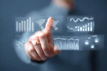 A person interacts with virtual data visualizations, tapping digital graphs and analytics on a transparent screen.
