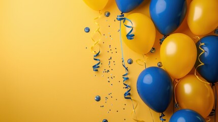 Festive yellow and blue balloons celebration background with confetti for party design