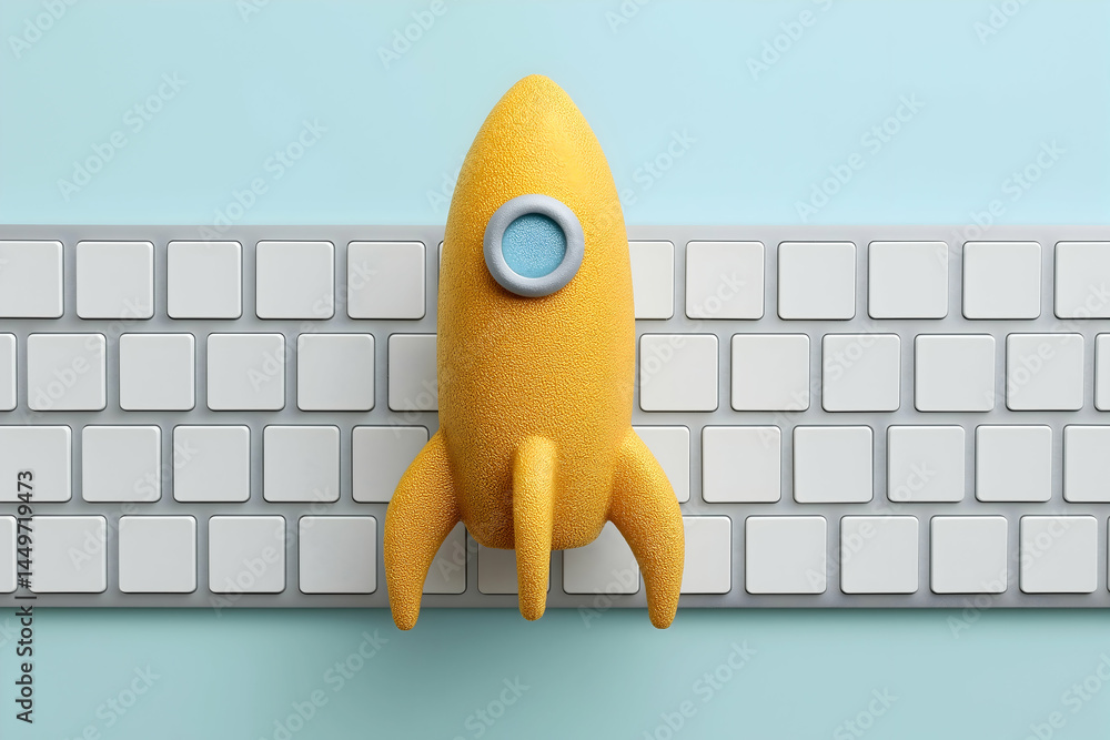 Poster a yellow rocket model sits on a computer keyboard against a light blue background, symbolizing techn
