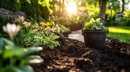 Sunlit garden path with freshly planted vegetables in blooming yard. World Landscape Architecture Month