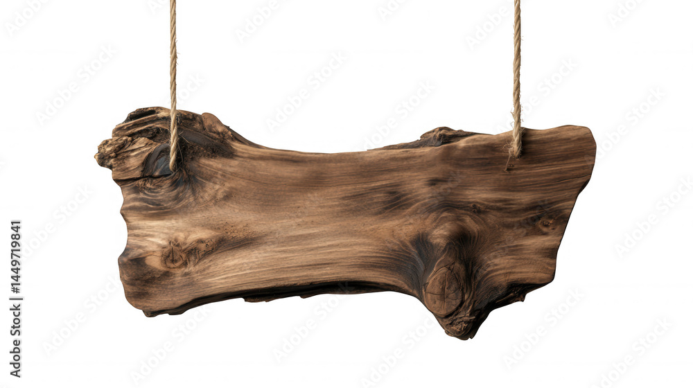 Poster rustic wooden sign hanging from two ropes, isolated on transparent background, perfect for graphics 
